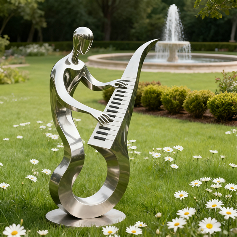 Escultura de pianista de acero inoxidable