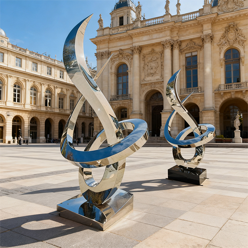 Escultura de metal estilizada en azul y plata