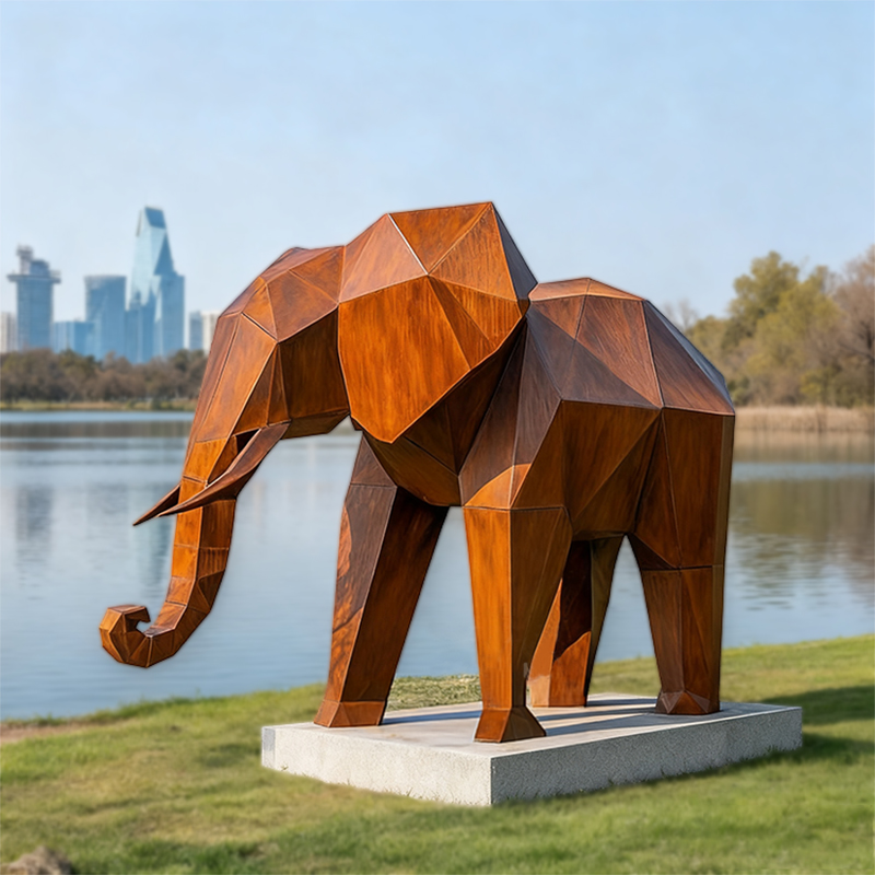 Escultura geométrica de elefante animal con facetas de acero resistente a la intemperie