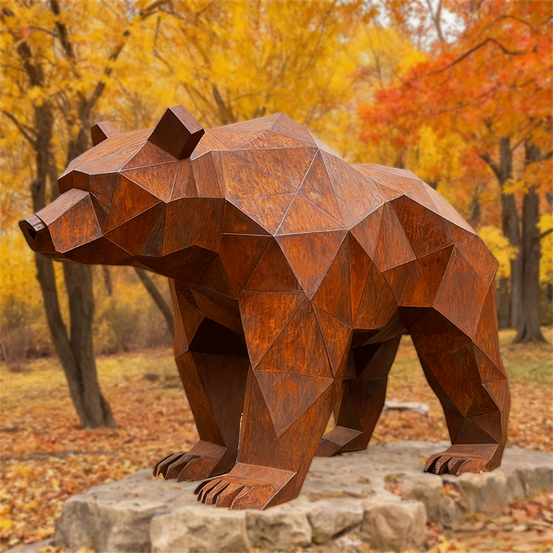 Escultura geométrica de oso con facetas de acero resistente a la intemperie
