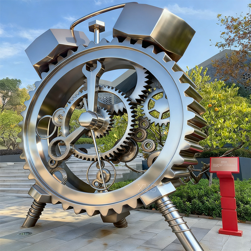 Escultura de reloj y engranaje artesanal industrial
