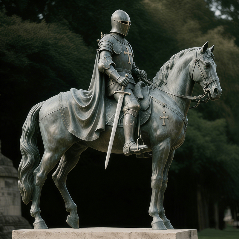 Escultura de caballero de bronce en caballo de guerra