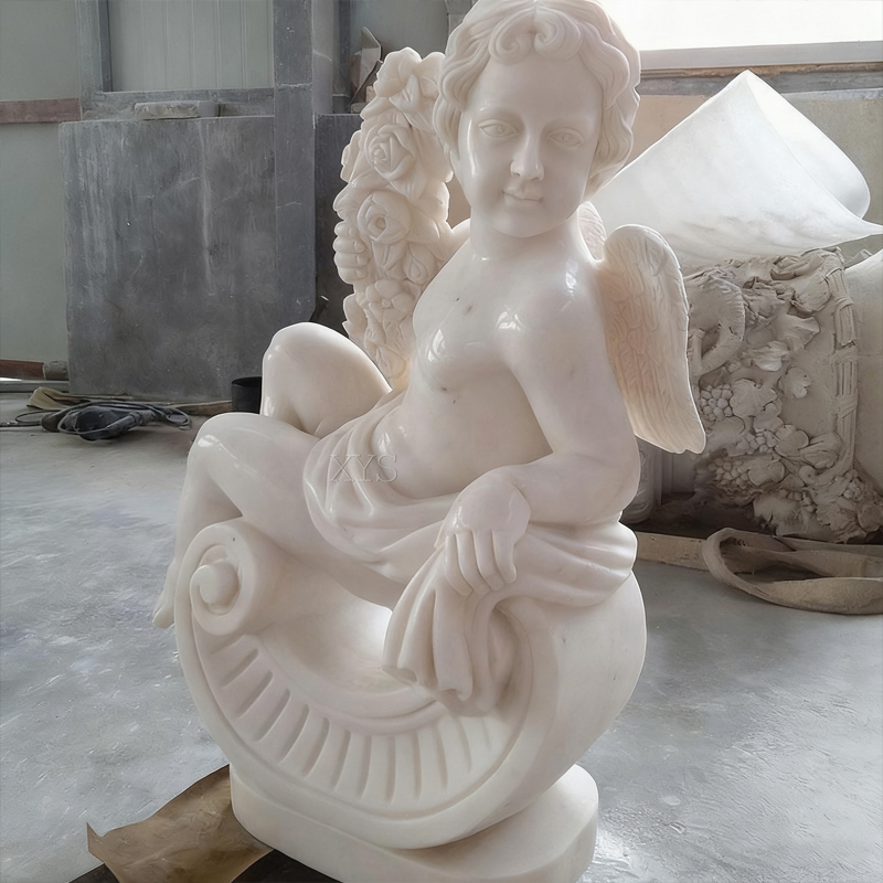 Conjunto de escultura de ángel pequeño de mármol blanco