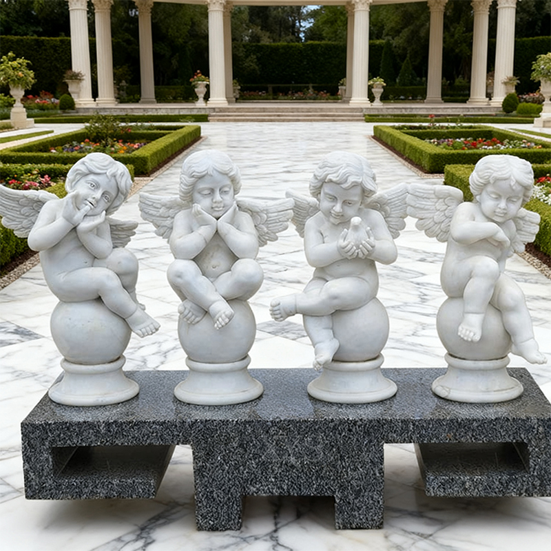 Conjunto de escultura de ángel pequeño de mármol blanco (4 piezas)