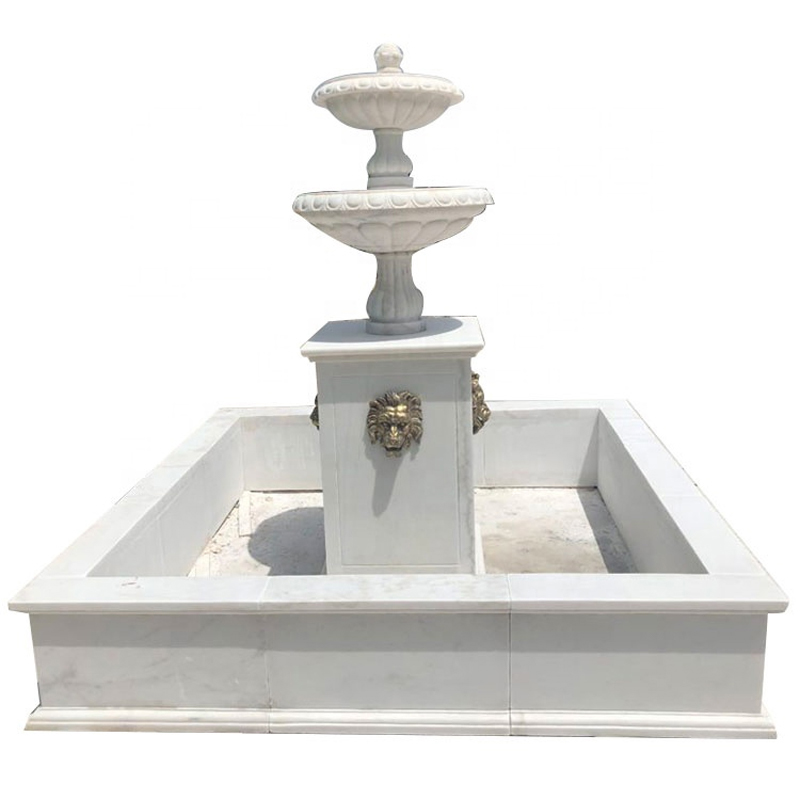 Fuente tallada en piedra de dos niveles de mármol blanco