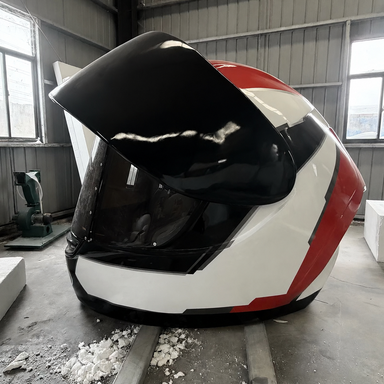 ¿Cómo se fabrica una escultura gigante de resina de un casco de motocicleta y quién la fabrica a escala?