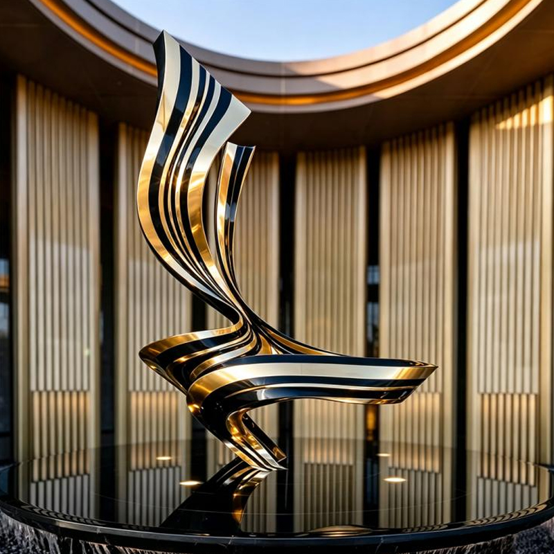 Escultura de acero inoxidable con cinta aerodinámica