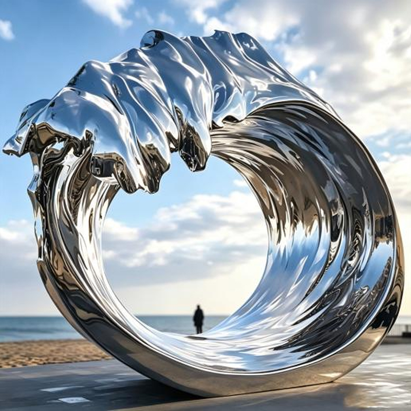 Escultura de acero inoxidable con anillo ondulado pulido espejo