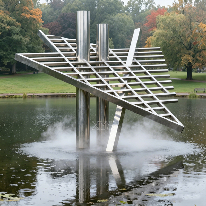 Escultura geométrica de elemento acuático de acero inoxidable con hoja de rejilla
