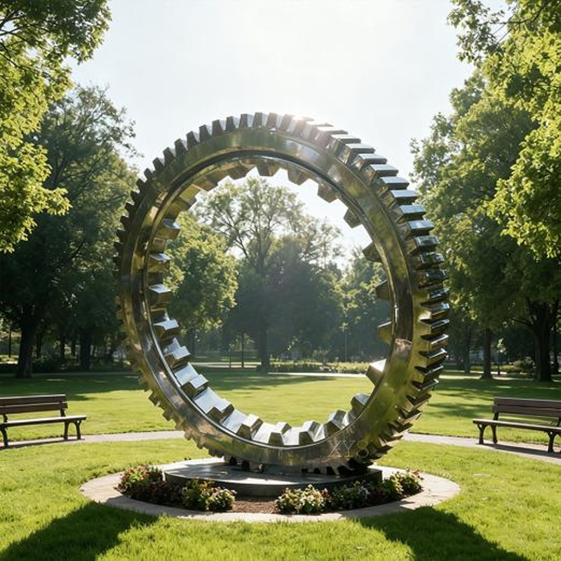 Escultura gigante de acero inoxidable con anillo de un solo engranaje
