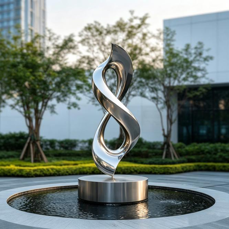 Escultura de acero inoxidable con anillo giratorio con símbolo del infinito pulido espejo