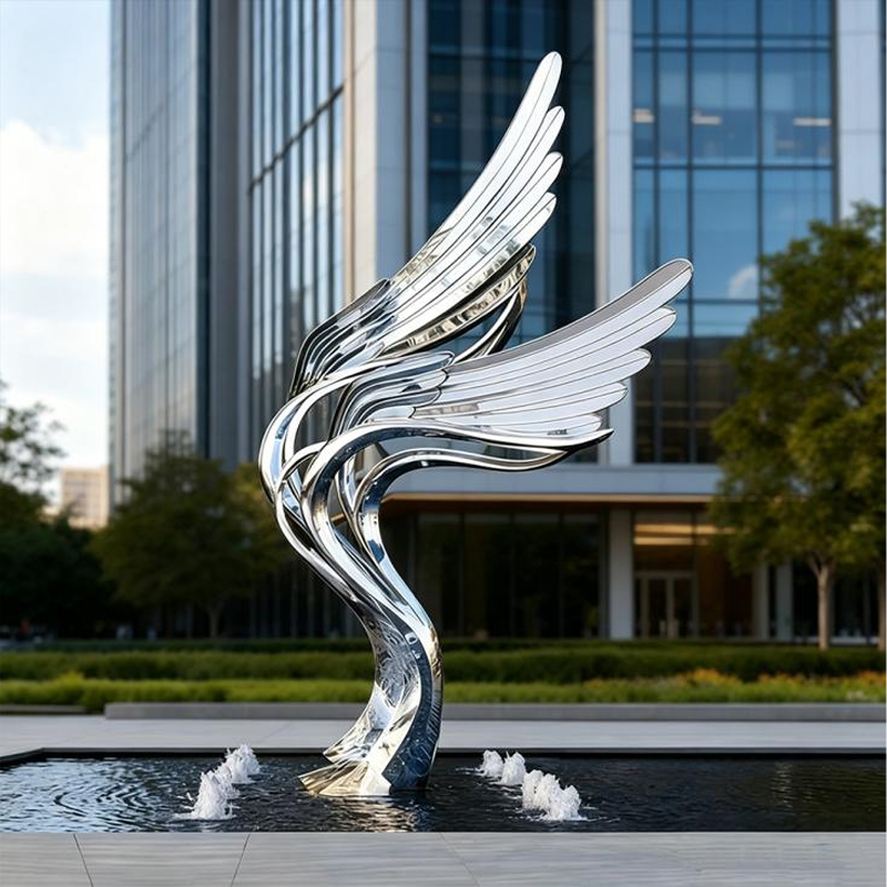 Escultura de agua de acero inoxidable con alas de ángel gemelas