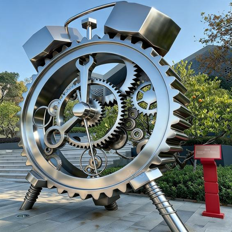 Escultura de acero inoxidable con reloj de engranajes de estilo industrial