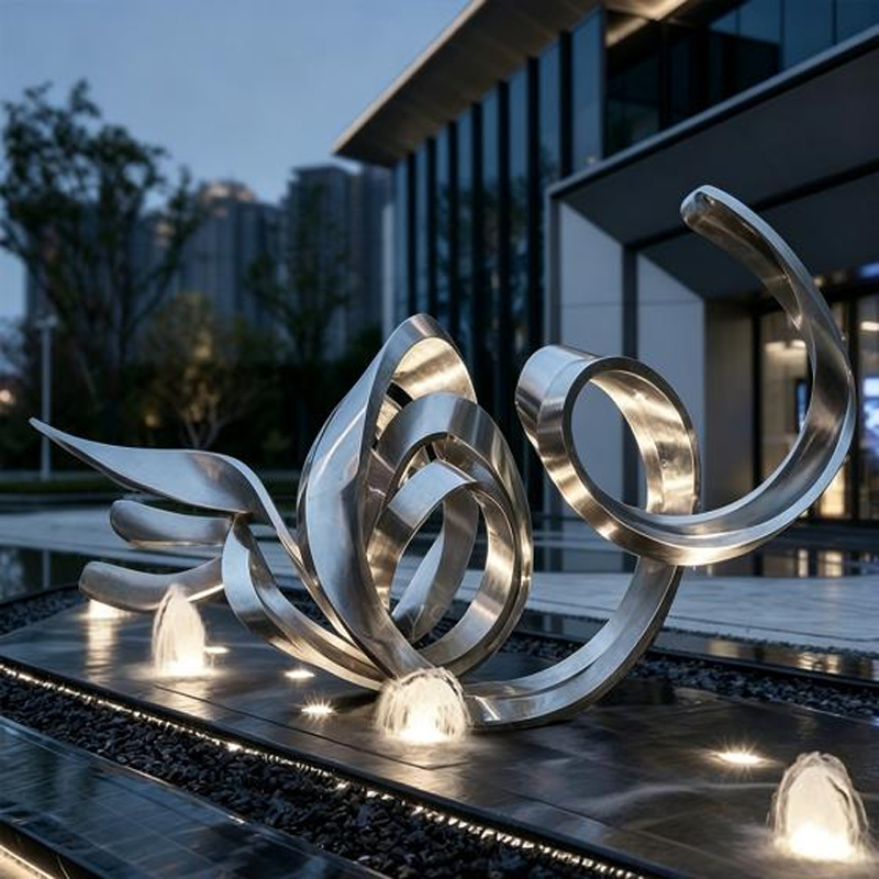 Escultura aerodinámica de anillo y pájaro de acero inoxidable con elemento acuático