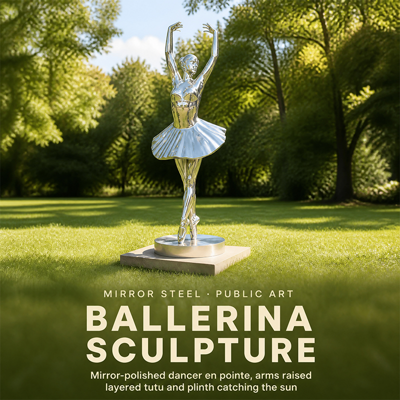 Escultura personalizada de mujer bailando en acero inoxidable pulido espejo a tamaño real