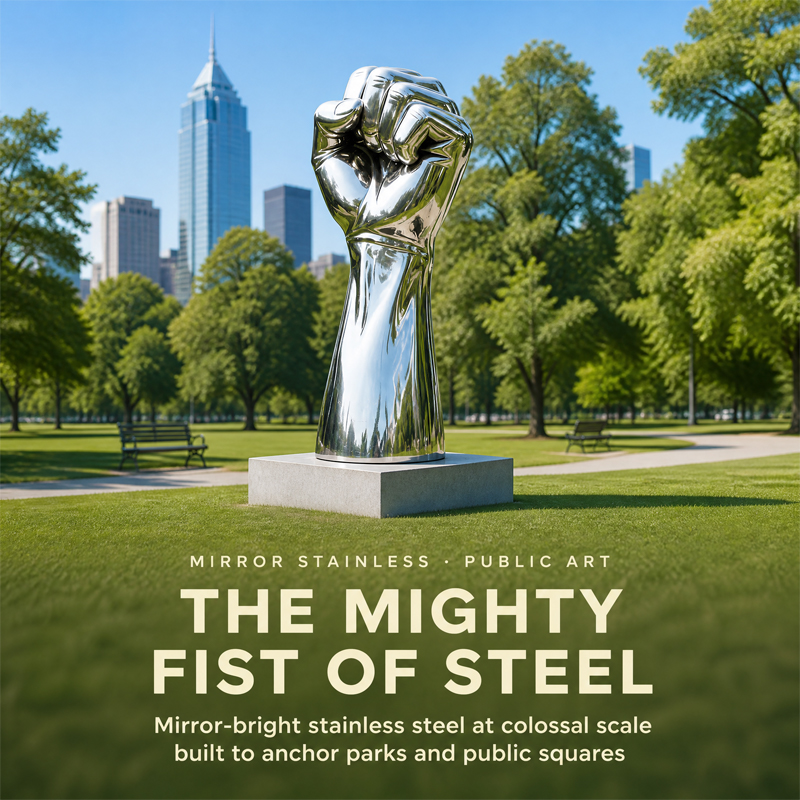 Escultura de acero inoxidable con espejo United de Iron Fist